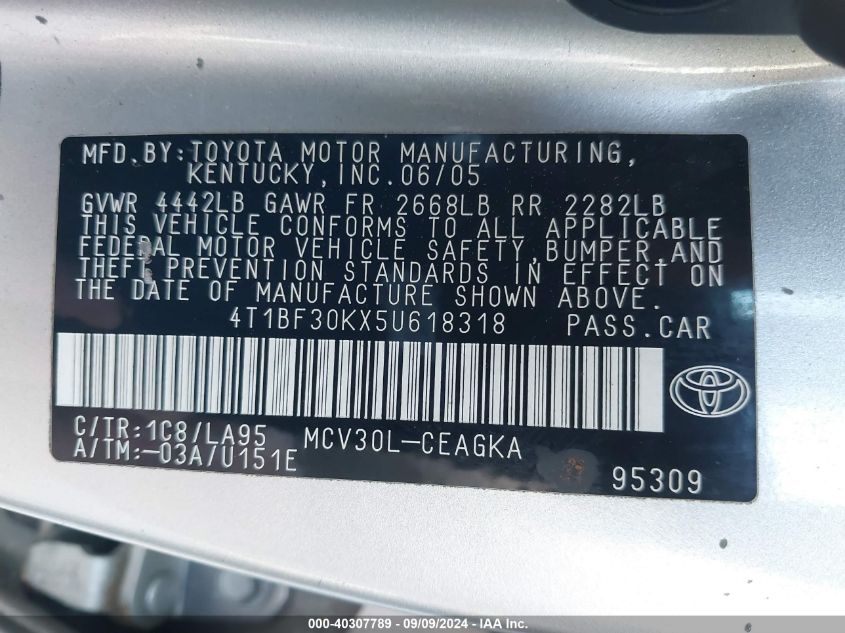 4T1BF30KX5U618318 2005 Toyota Camry Xle V6