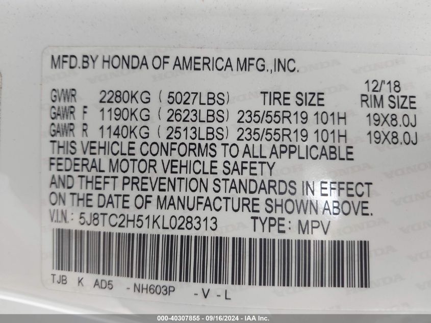 5J8TC2H51KL028313 2019 Acura Rdx Technology