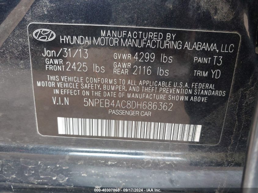 2013 HYUNDAI SONATA GLS - 5NPEB4AC8DH686362