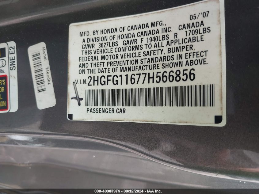 2HGFG11677H566856 2007 Honda Civic Lx