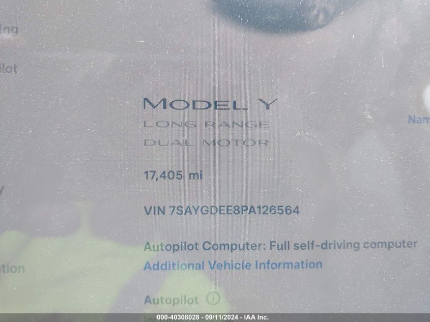 2023 Tesla Model Y Awd/Long Range Dual Motor All-Wheel Drive VIN: 7SAYGDEE8PA126564 Lot: 40308028