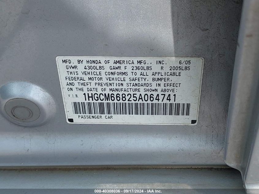 1HGCM66825A064741 2005 Honda Accord 3.0 Ex