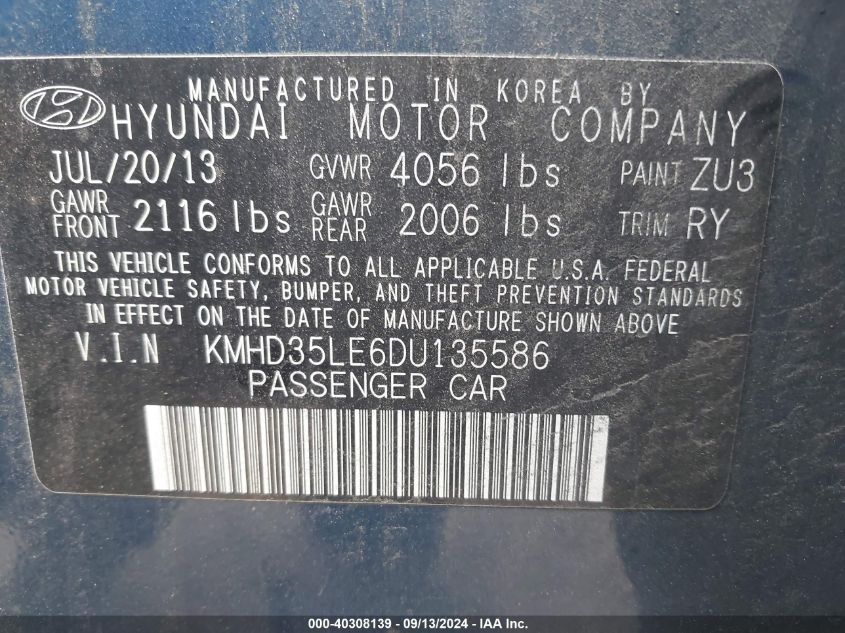 2013 Hyundai Elantra Gt VIN: KMHD35LE6DU135586 Lot: 40308139