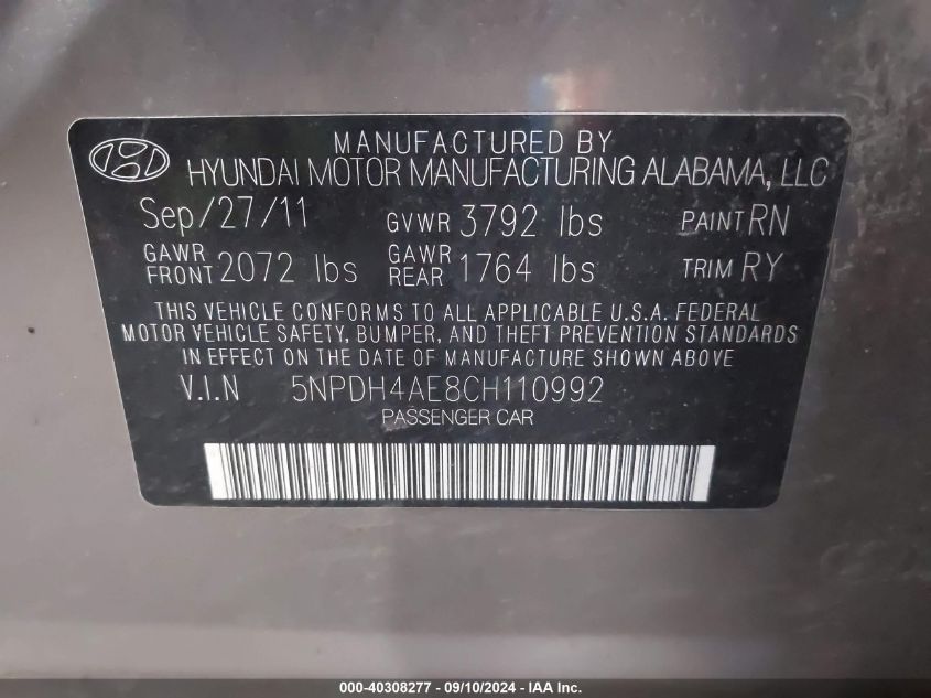 5NPDH4AE8CH110992 2012 Hyundai Elantra Limited