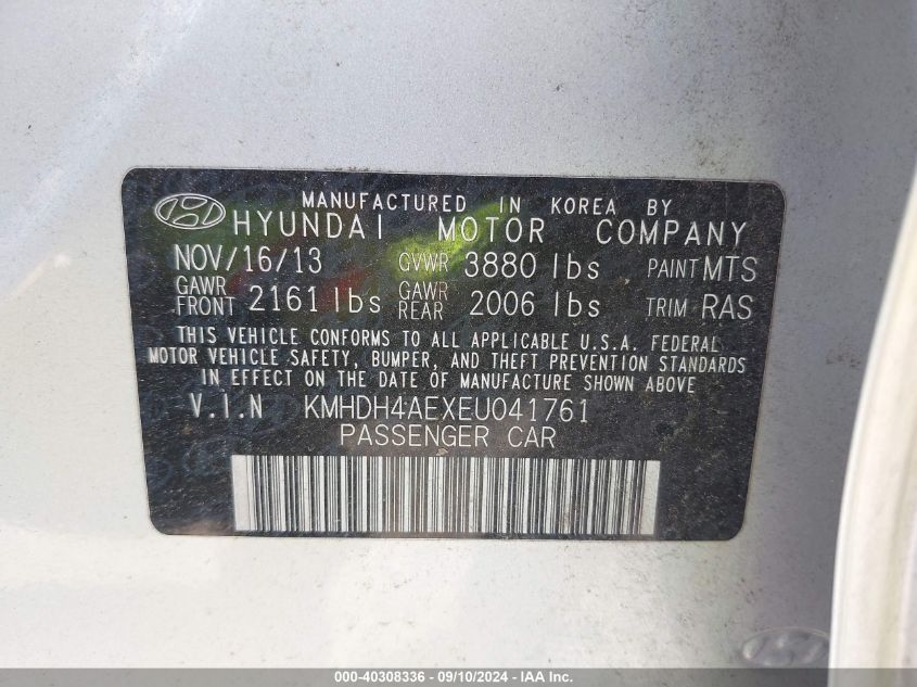 2014 Hyundai Elantra Se VIN: KMHDH4AEXEU041761 Lot: 40308336