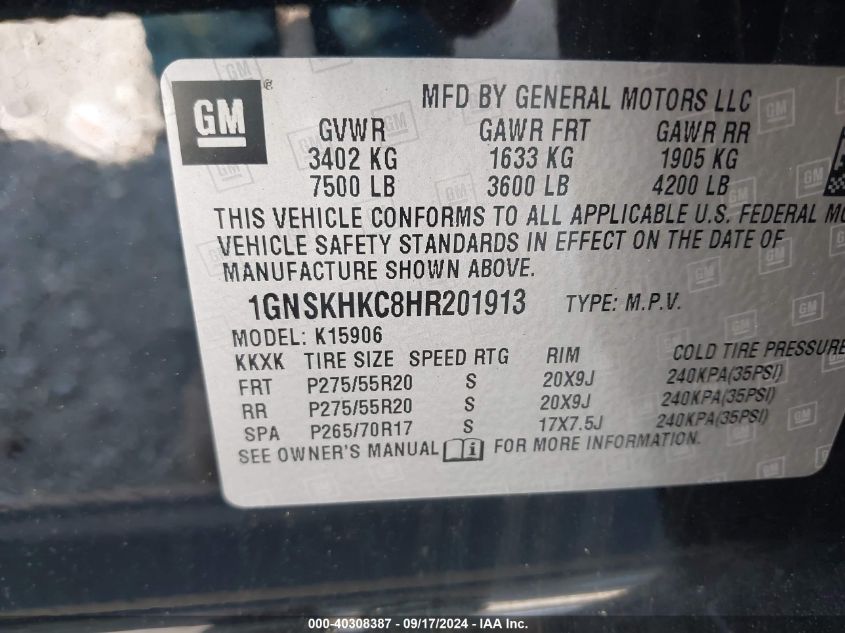 1GNSKHKC8HR201913 2017 Chevrolet Suburban Lt