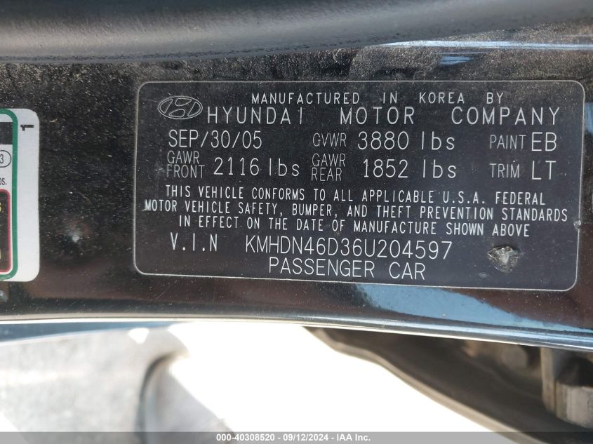 2006 Hyundai Elantra Gls/Limited VIN: KMHDN46D36U204597 Lot: 40308520