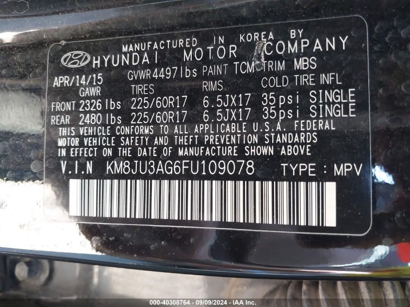 KM8JU3AG6FU109078 2015 Hyundai Tucson Limited/Se