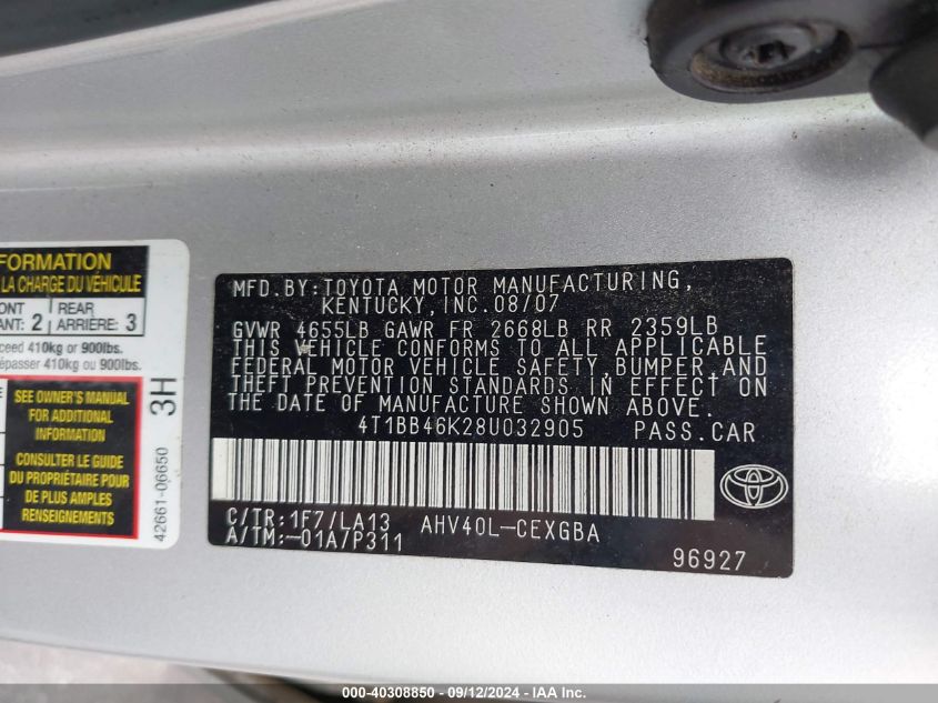 4T1BB46K28U032905 2008 Toyota Camry Hybrid