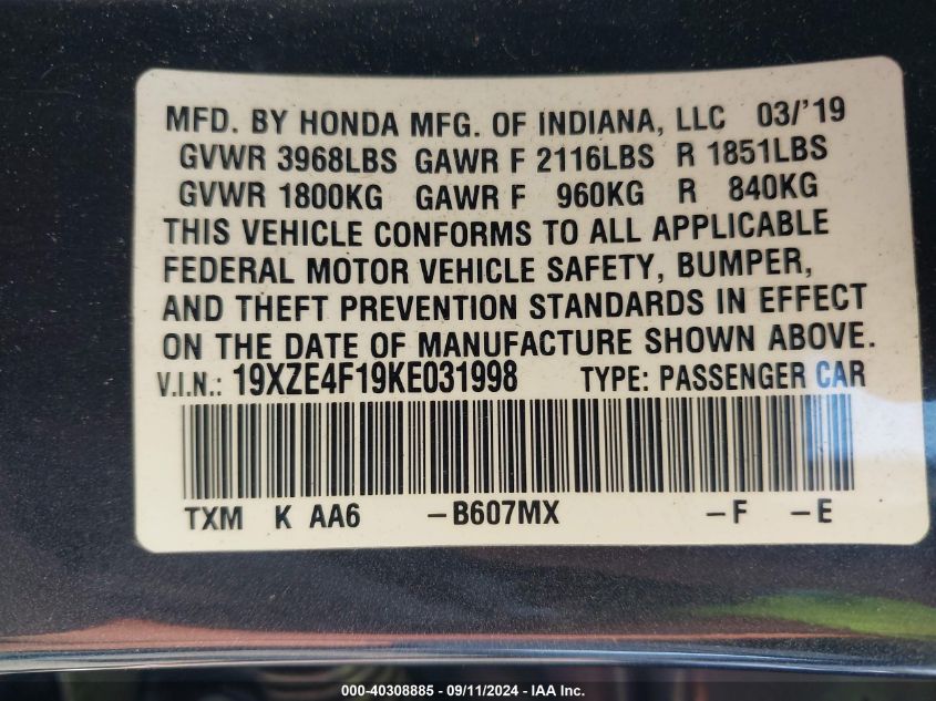 2019 Honda Insight Lx VIN: 19XZE4F19KE031998 Lot: 40308885