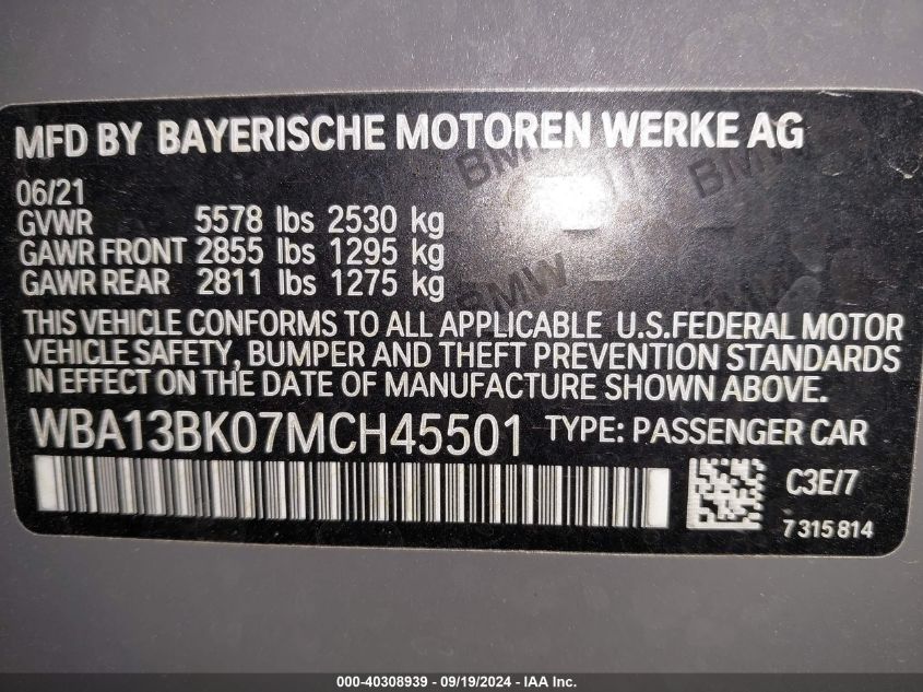 WBA13BK07MCH45501 2021 BMW M550I xDrive