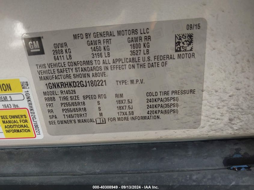 2016 Chevrolet Traverse 2Lt VIN: 1GNKRHKD2GJ180221 Lot: 40308949