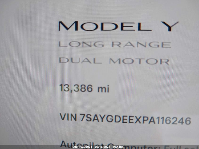 2023 Tesla Model Y Awd/Long Range Dual Motor All-Wheel Drive VIN: 7SAYGDEEXPA116246 Lot: 40309071