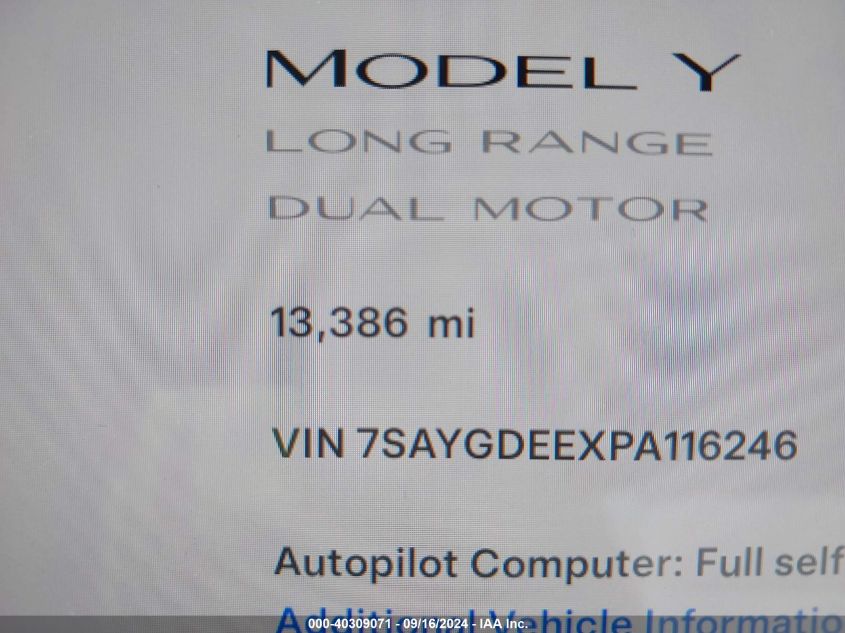 2023 Tesla Model Y Awd/Long Range Dual Motor All-Wheel Drive VIN: 7SAYGDEEXPA116246 Lot: 40309071