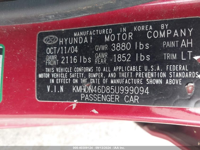 KMHDN46D85U999094 2005 Hyundai Elantra Gls/Gt