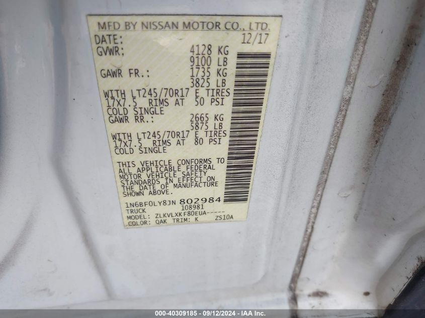 1N6BF0LY8JN802984 2018 Nissan Nv Cargo 2500 S/2500 Sv/2500 Sl