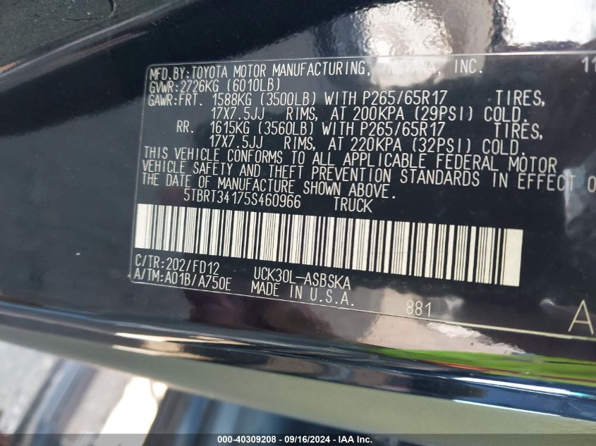 2005 Toyota Tundra Sr5 V8 VIN: 5TBRT34175S460966 Lot: 40309208