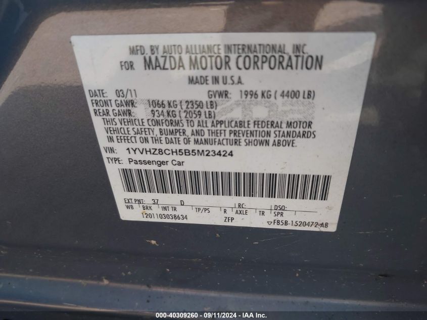 1YVHZ8CH5B5M23424 2011 Mazda Mazda6 I Touring Plus