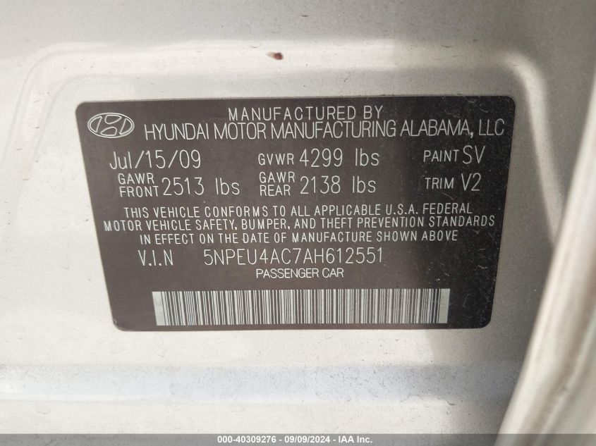 2010 Hyundai Sonata Limited VIN: 5NPEU4AC7AH612551 Lot: 40309276