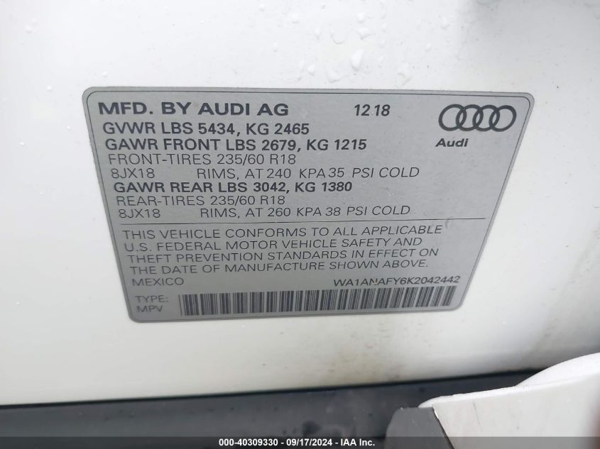 2019 Audi Q5 45 Premium VIN: WA1ANAFY6K2042442 Lot: 40309330