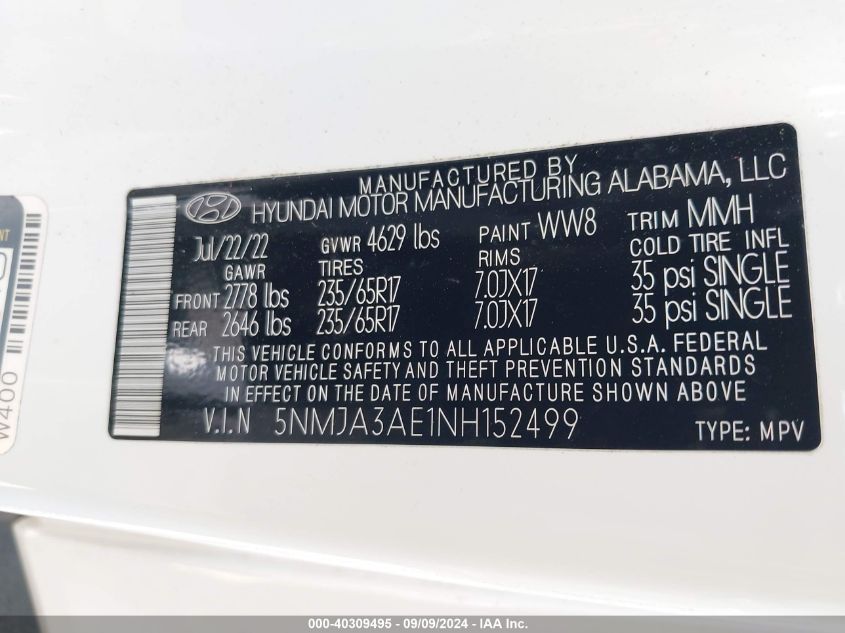 5NMJA3AE1NH152499 2022 Hyundai Tucson Se