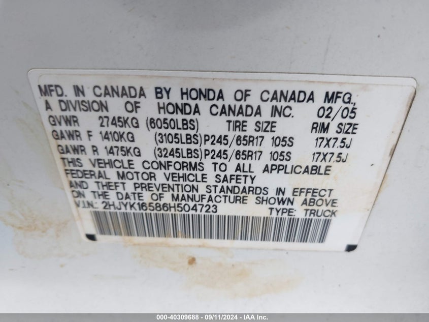 2HJYK16586H504723 2006 Honda Ridgeline Rtl