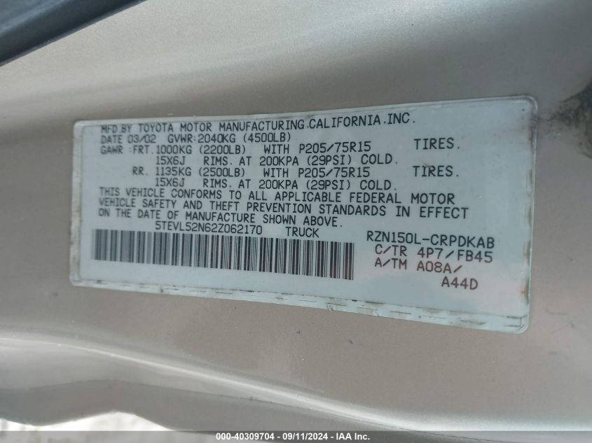 5TEVL52N62Z062170 2002 Toyota Tacoma Xtracab