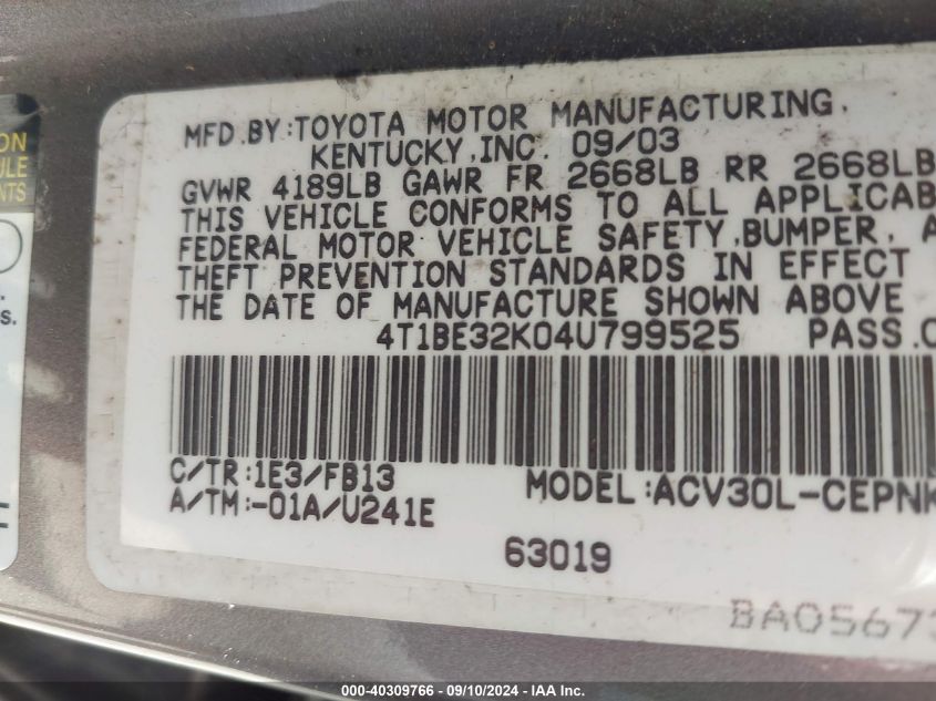 4T1BE32K04U799525 2004 Toyota Camry Le/Xle/Se