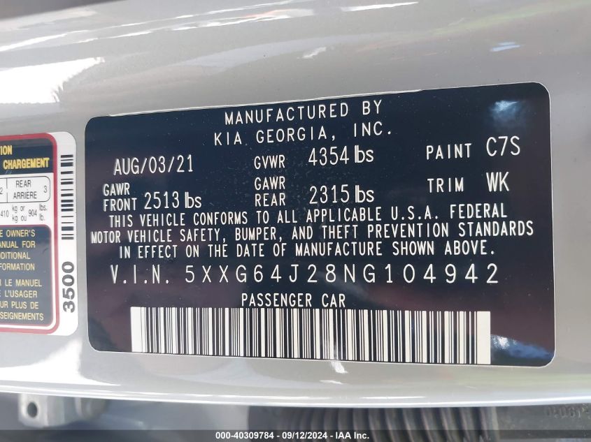 2022 Kia K5 Gt-Line VIN: 5XXG64J28NG104942 Lot: 40309784