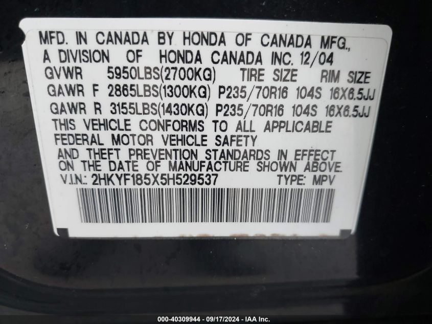 2005 Honda Pilot Ex-L VIN: 2HKYF185X5H529537 Lot: 40309944