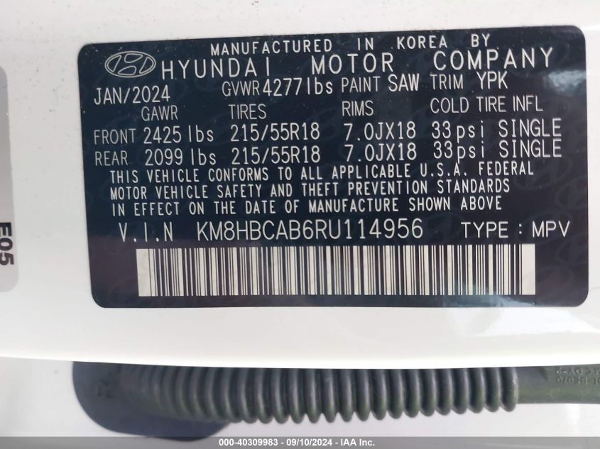 2024 Hyundai Kona Sel VIN: KM8HBCAB6RU114956 Lot: 40309983