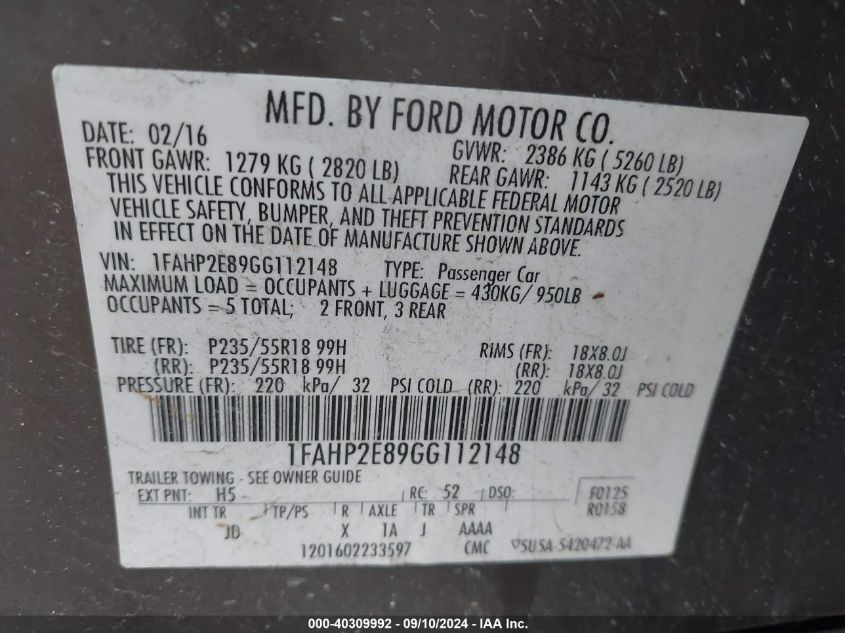 1FAHP2E89GG112148 2016 Ford Taurus Sel