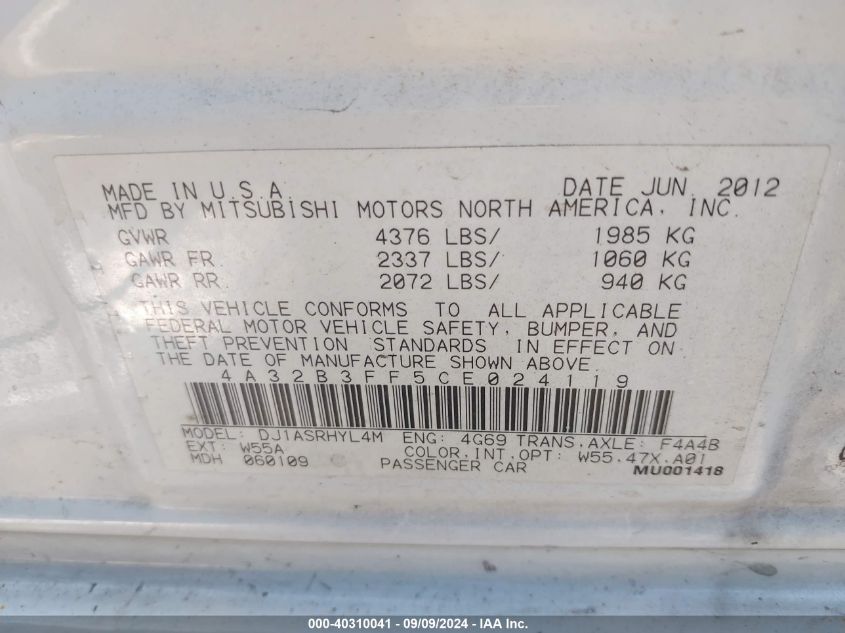 2012 Mitsubishi Galant Es/Se VIN: 4A32B3FF5CE024119 Lot: 40310041