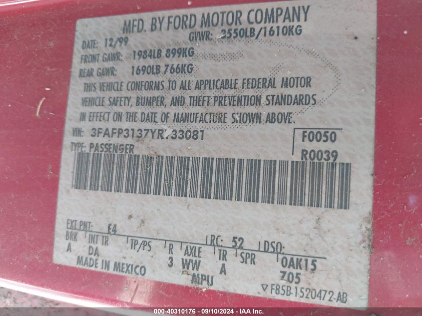 2000 Ford Focus Zx3 VIN: 3FAFP3137YR133081 Lot: 40310176