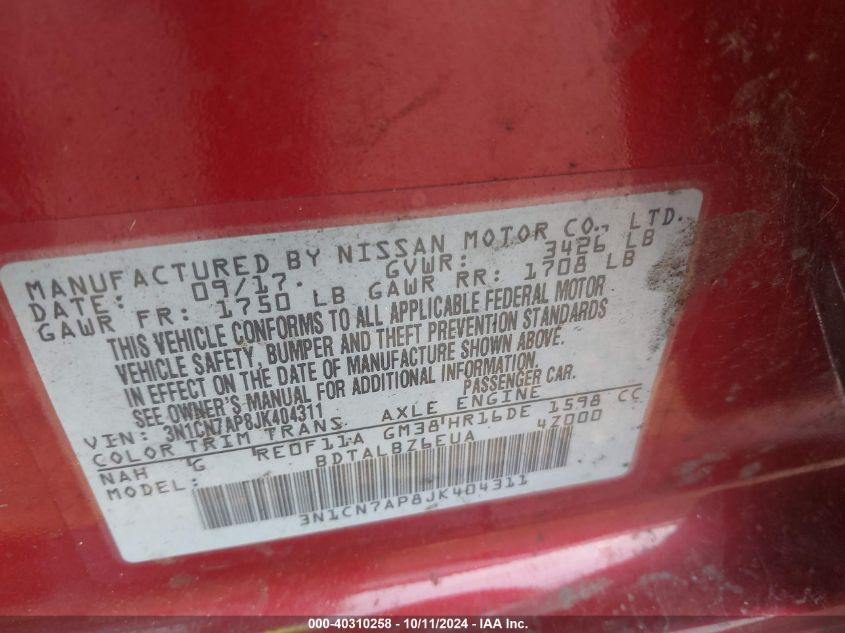 3N1CN7AP8JK404311 2018 Nissan Versa S/S Plus/Sv/Sl