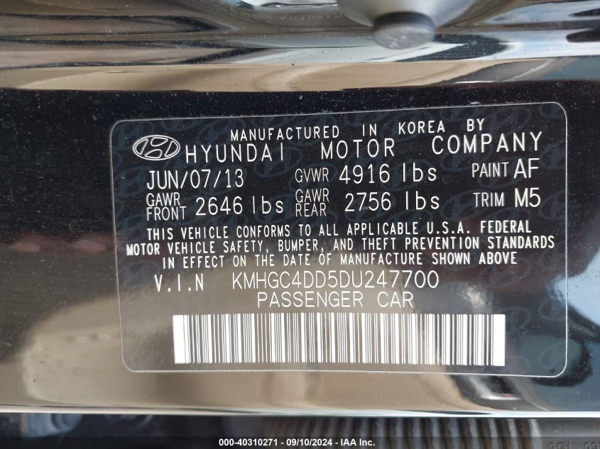 2013 Hyundai Genesis 3.8 VIN: KMHGC4DD5DU247700 Lot: 40310271