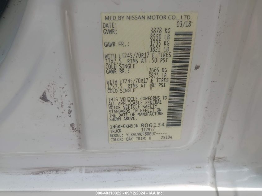 1N6BF0KM5JN806134 2018 Nissan Nv Cargo Nv1500 1500 S/Sv/2500 S/Sv/Sl