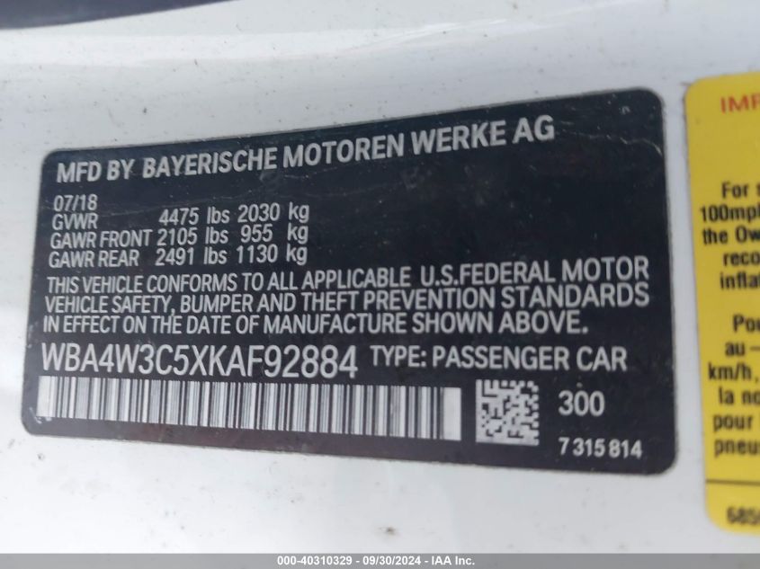 2019 BMW 430I VIN: WBA4W3C5XKAF92884 Lot: 40310329