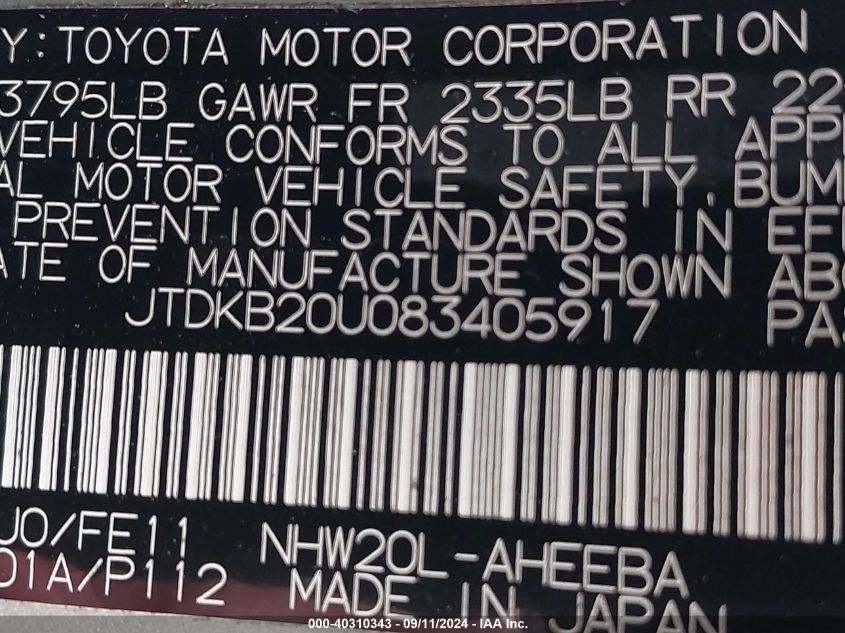 2008 Toyota Prius VIN: JTDKB20U083405917 Lot: 40310343