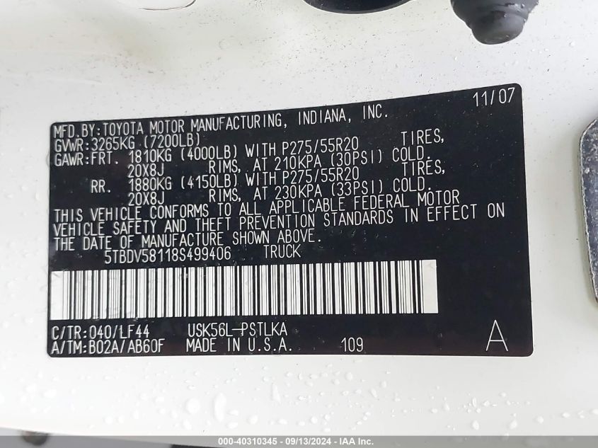 2008 Toyota Tundra Crewmax Limited VIN: 5TBDV58118S499406 Lot: 40310345