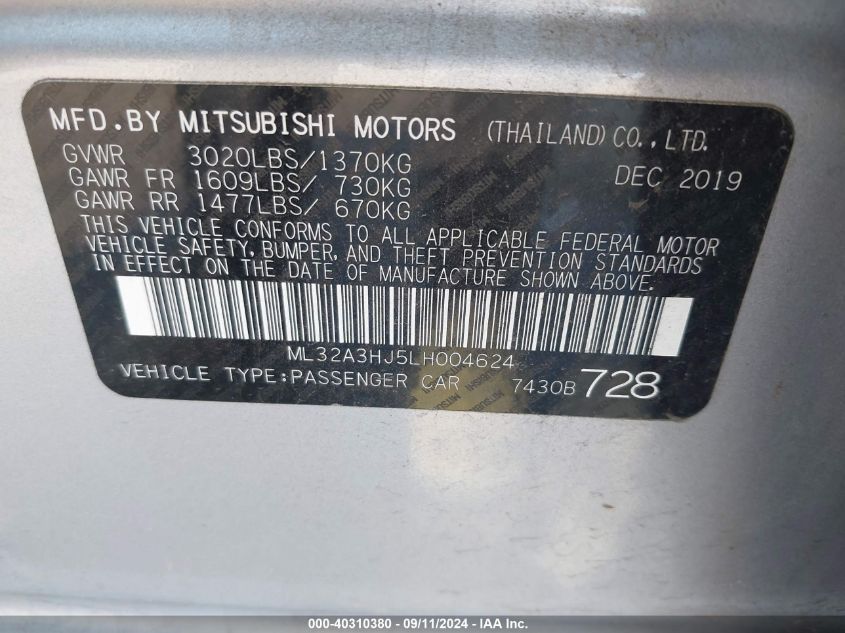 ML32A3HJ5LH004624 2020 Mitsubishi Mirage Es