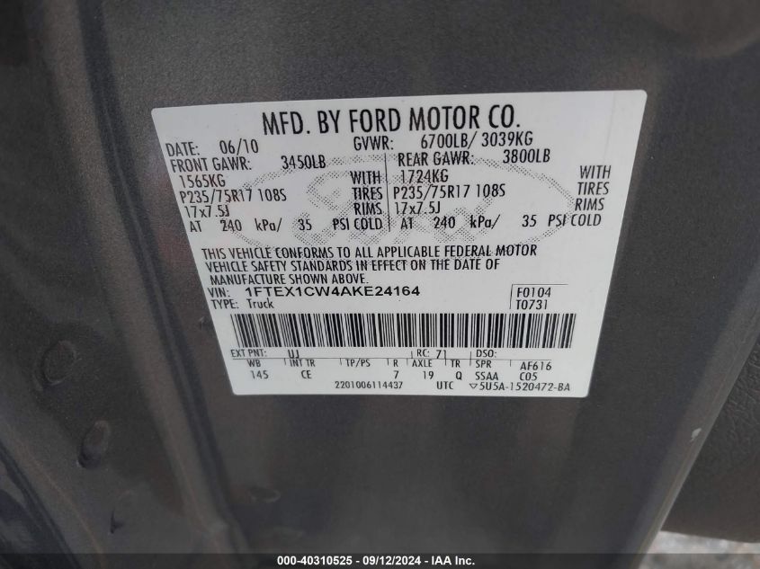 2010 Ford F-150 Xl VIN: 1FTEX1CW4AKE24164 Lot: 40310525