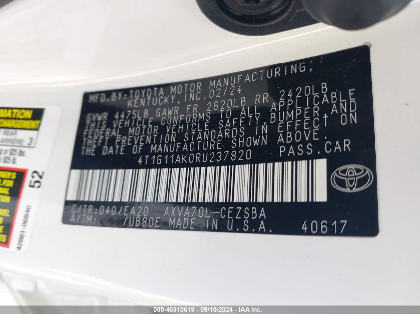 4T1G11AK0RU237820 2024 Toyota Camry Se