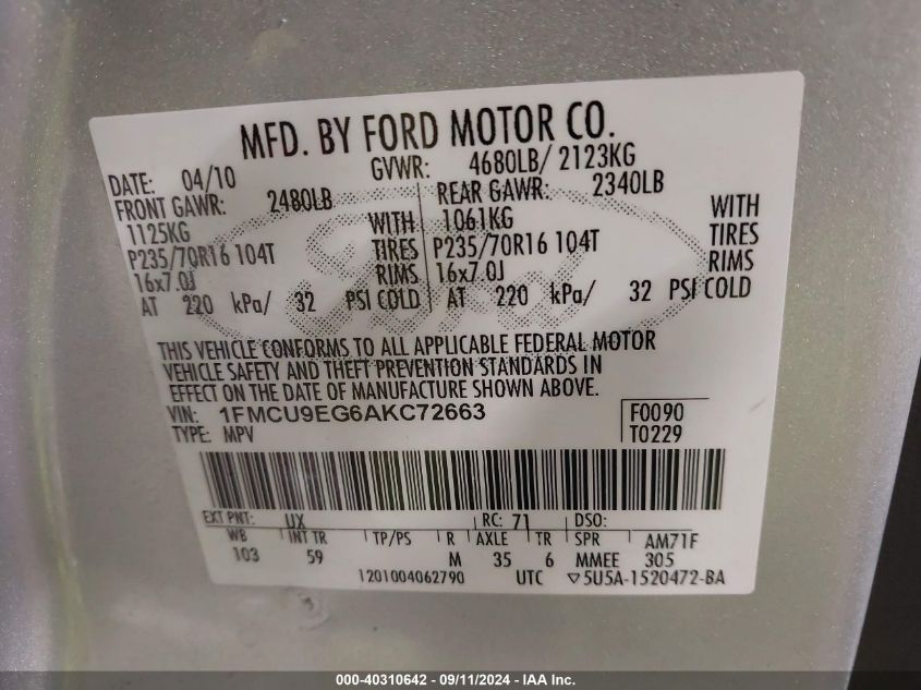 1FMCU9EG6AKC72663 2010 Ford Escape Limited