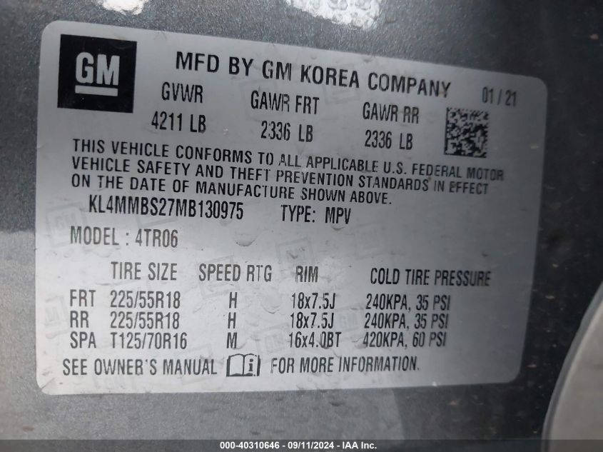 2021 Buick Encore Gx Preferred VIN: KL4MMBS27MB130975 Lot: 40310646