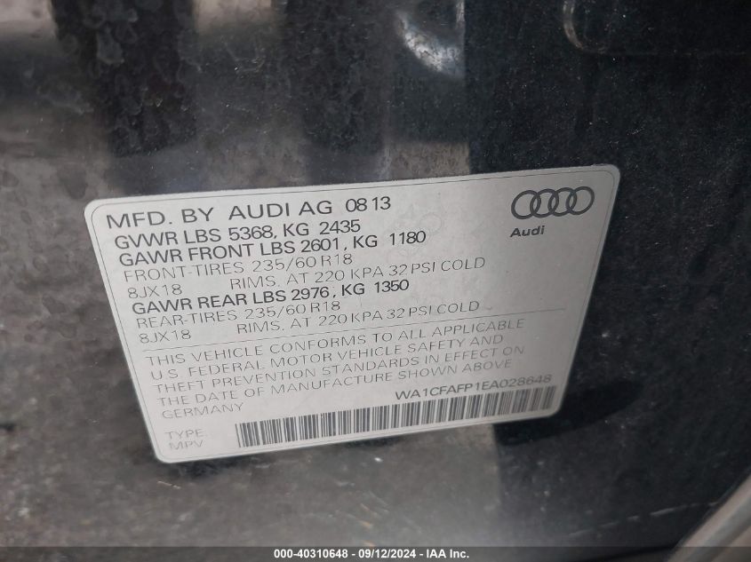 2014 Audi Q5 Premium VIN: WA1CFAFP1EA028648 Lot: 40310648