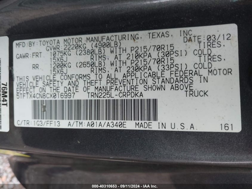 2012 Toyota Tacoma Access Cab VIN: 5TFTX4CN8CX016997 Lot: 40310653