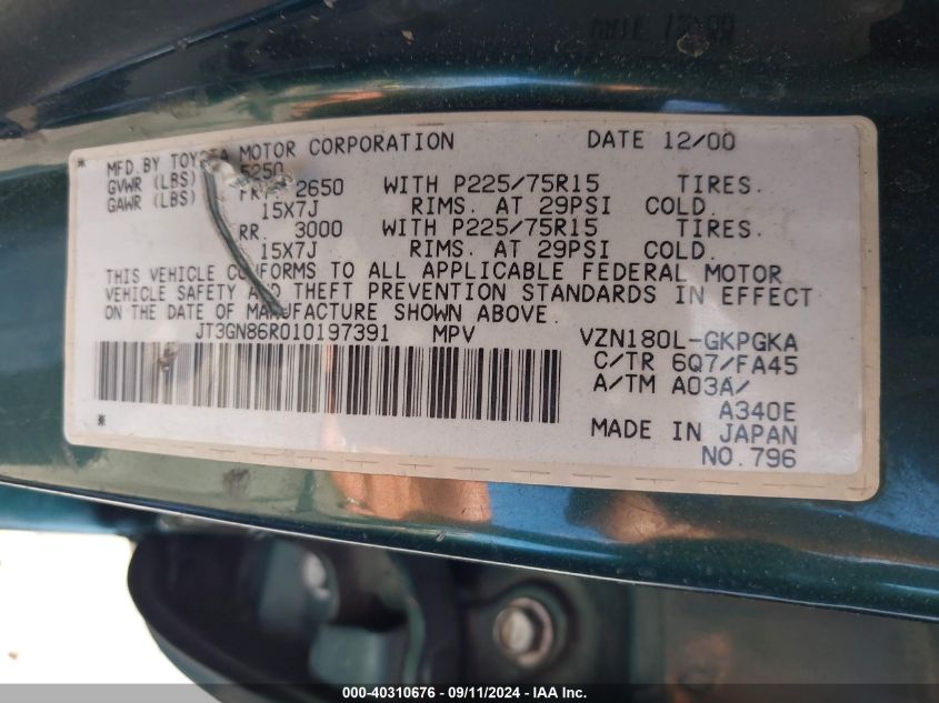 JT3GN86R010197391 2001 Toyota 4Runner Sr5 V6