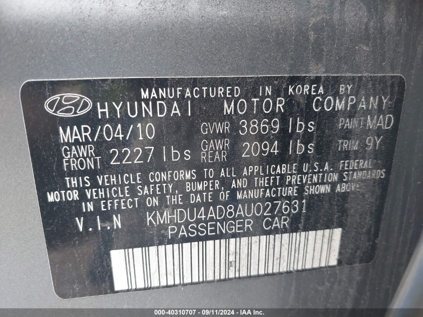 2010 Hyundai Elantra Gls VIN: KMHDU4AD8AU027631 Lot: 40504093