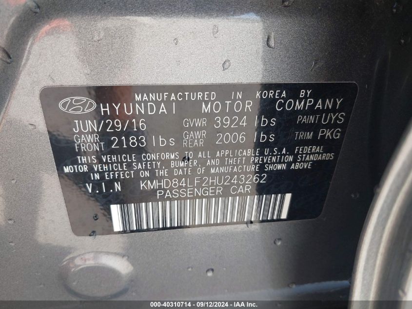 2017 Hyundai Elantra Se VIN: KMHD84LF2HU243262 Lot: 40310714